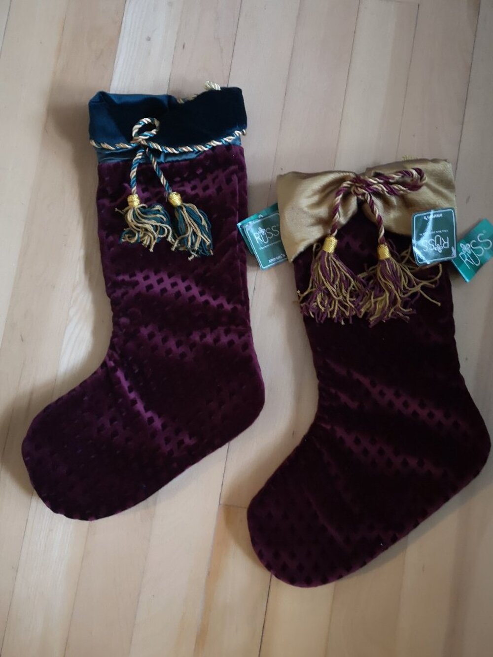 NWT Russ Berrie & Co. Burgundy Velvet Christmas Stockings Set of 2 Lined 14"